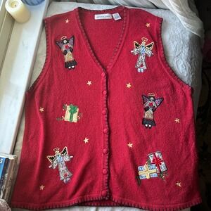 Holiday Angel Embroidered Red Wool Blend Knit Sweater Button Up Vest Christmas